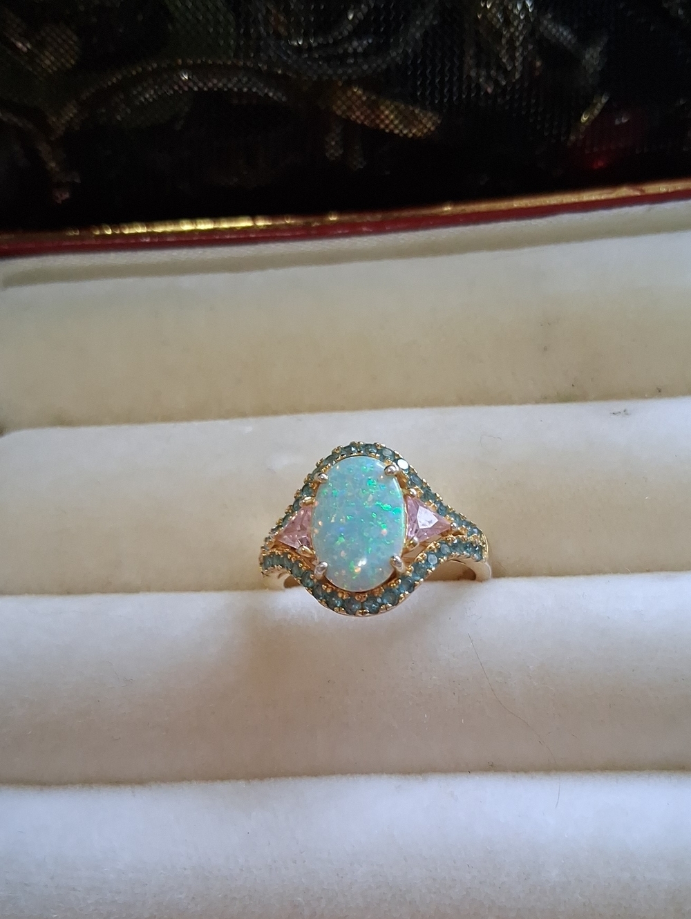 Gold Over 925  Opal Halo Ring with Pink Accent Stones